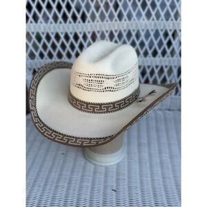 Moksman Hats Straw Cowboy Western Hat Ivory Brown Greek Key Made in Mexico
